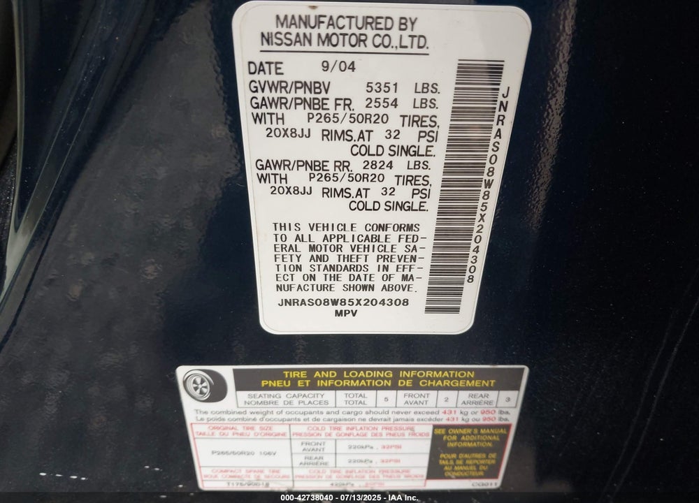 2005 INFINITI FX35 VIN: JNRAS08W85X204308