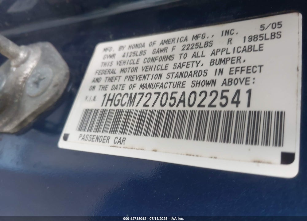 2005 HONDA ACCORD VIN: 1HGCM72705A022541
