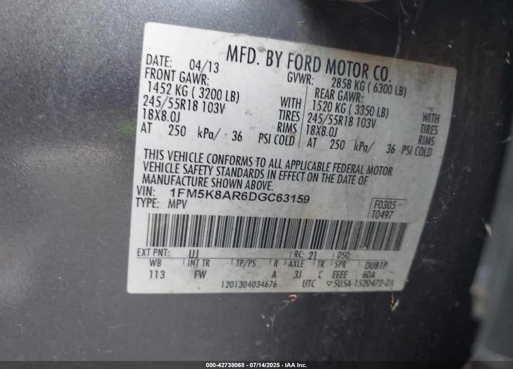 2013 FORD POLICE INTERCEPTOR VIN: 1FM5K8AR6DGC63159