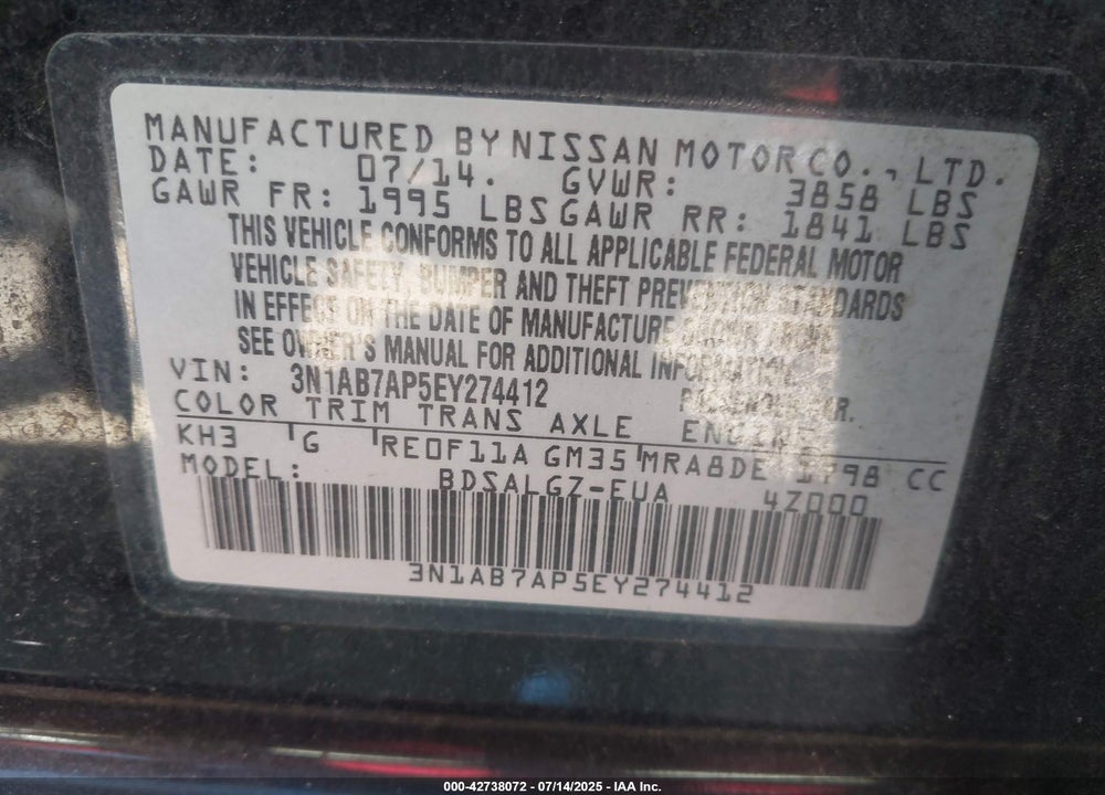 2014 NISSAN SENTRA VIN: 3N1AB7AP5EY274412