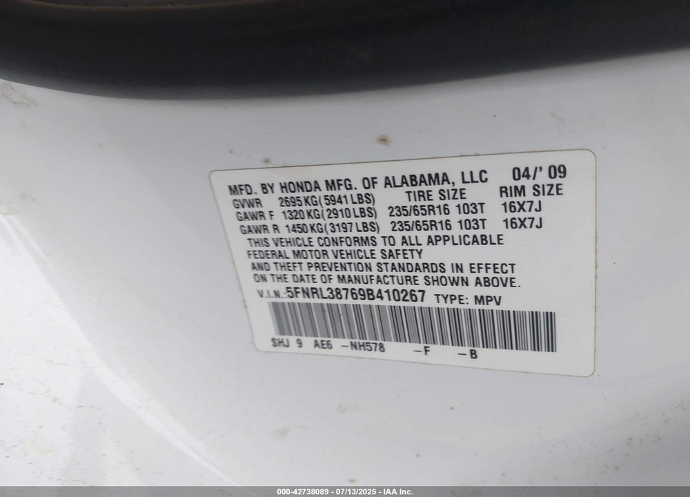 2009 HONDA ODYSSEY VIN: 5FNRL38769B410267