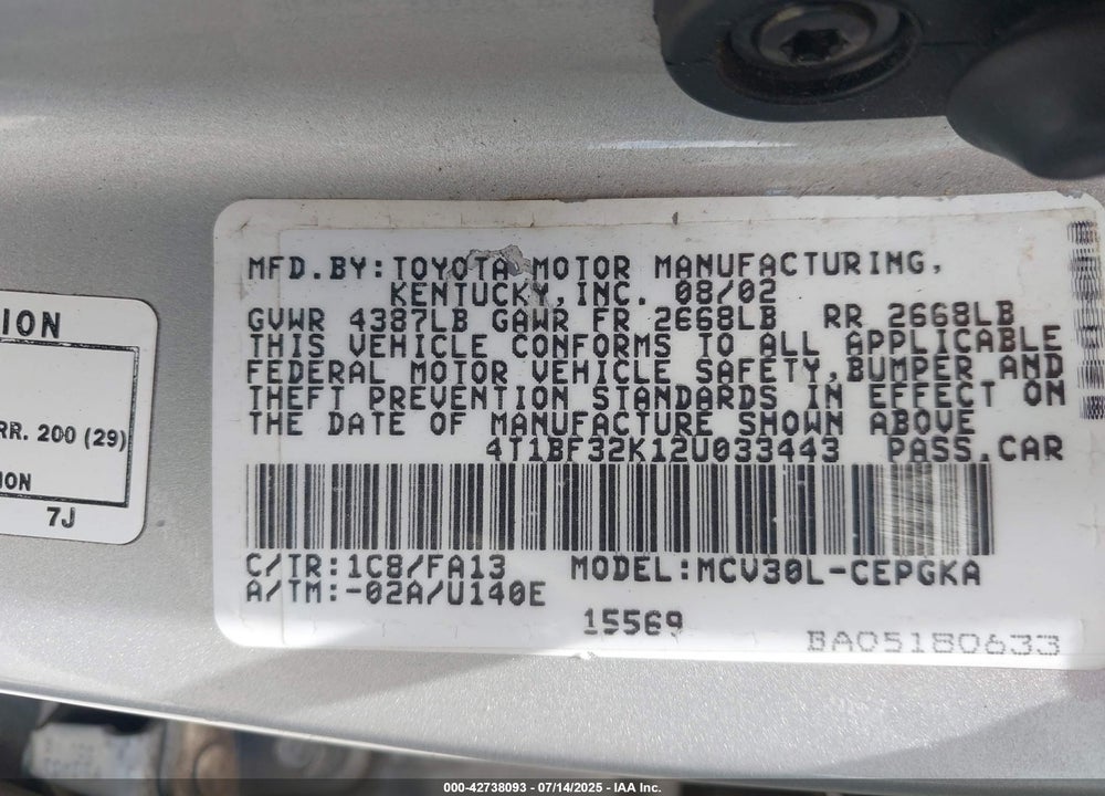 2002 TOYOTA CAMRY XLE V6 VIN: 4T1BF32K12U033443