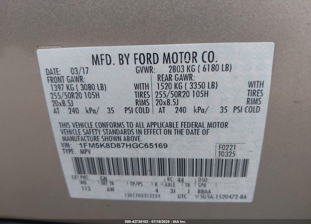 2017 FORD EXPLORER VIN: 1FM5K8D87HGC65169