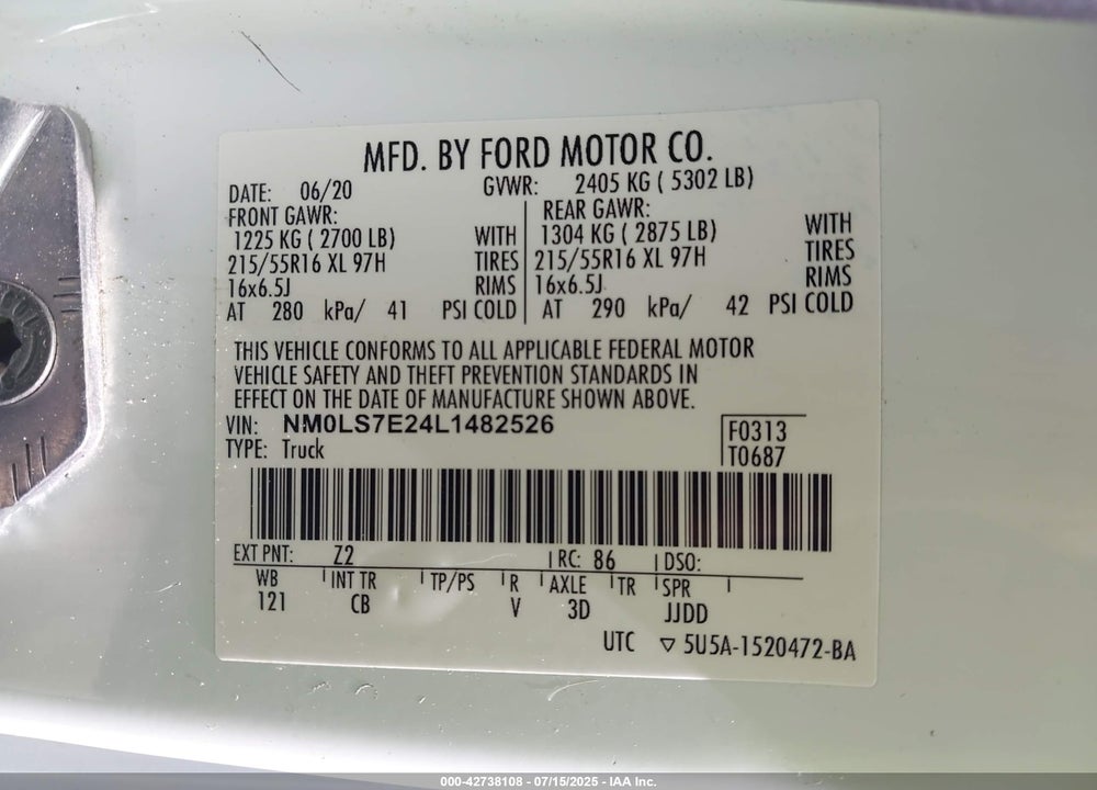 2020 FORD TRANSIT CONNECT XL CARGO VAN VIN: NM0LS7E24L1482526