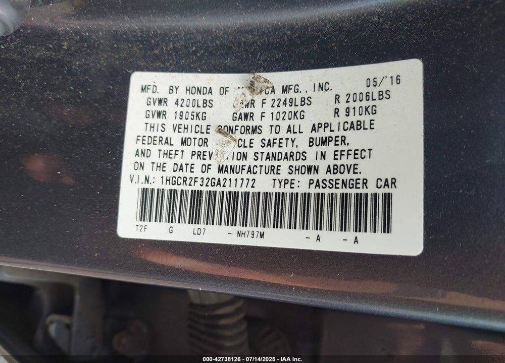 2016 HONDA ACCORD LX VIN: 1HGCR2F32GA211772