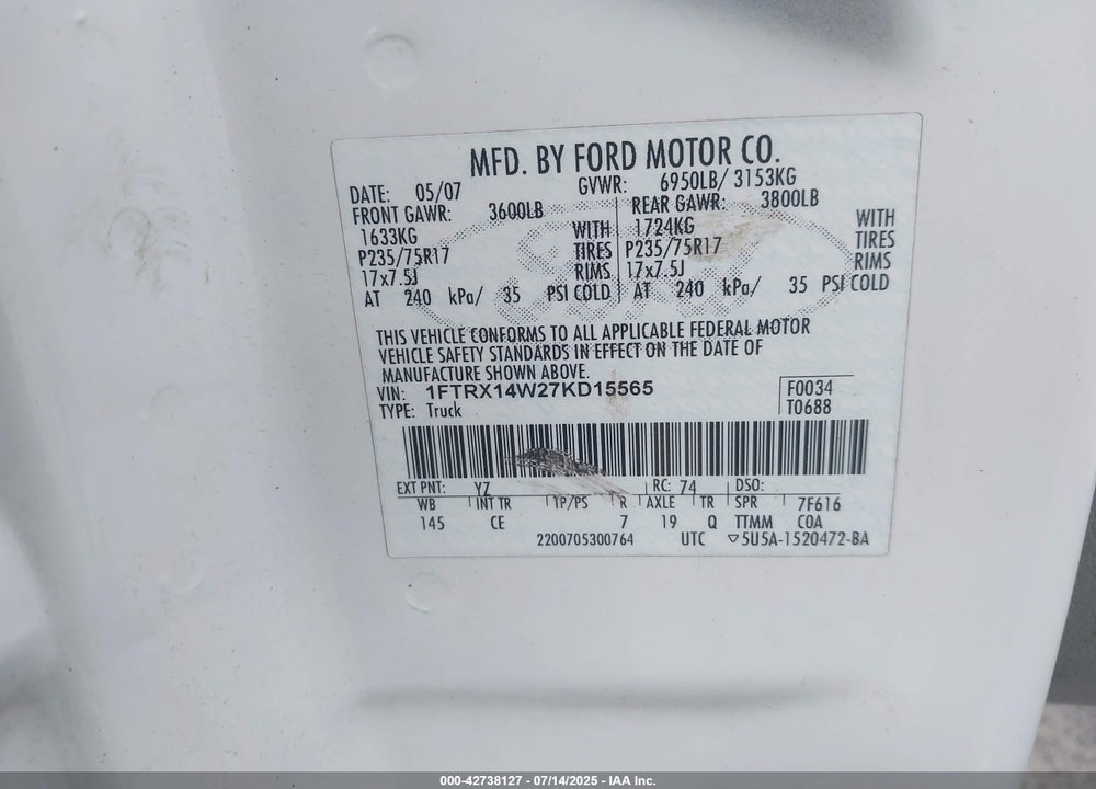 2007 FORD F-150 VIN: 1FTRX14W27KD15565