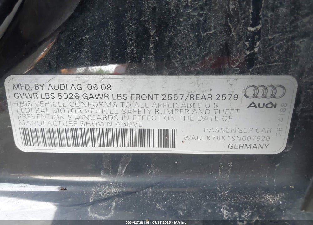 2009 AUDI A4 VIN: WAULK78K19N007820