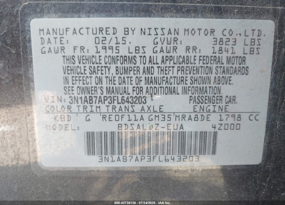 2015 NISSAN SENTRA VIN: 3N1AB7AP3FL643203