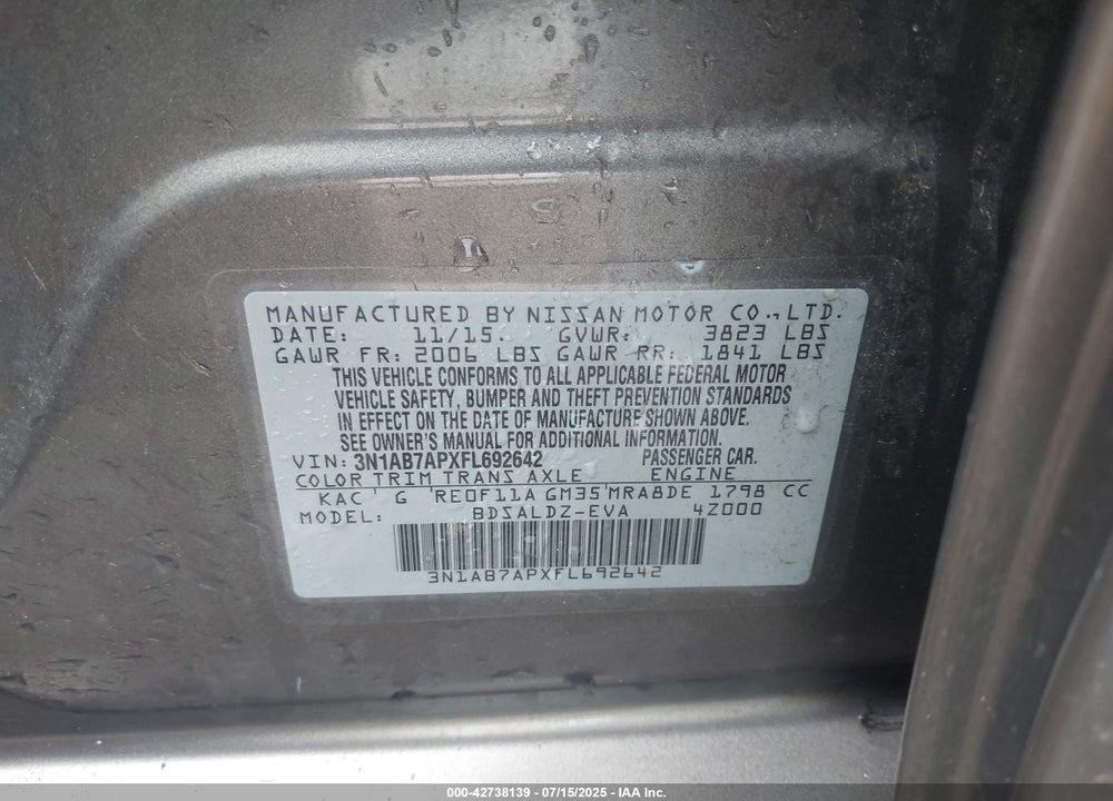 2015 NISSAN SENTRA VIN: 3N1AB7APXFL692642
