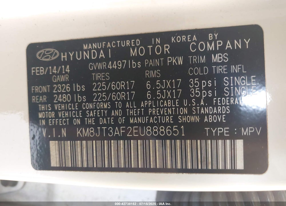 2014 HYUNDAI TUCSON VIN: KM8JT3AF2EU888651
