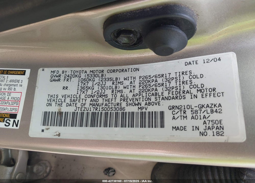 2005 TOYOTA 4RUNNER LIMITED V6 VIN: JTEZU17R150053086
