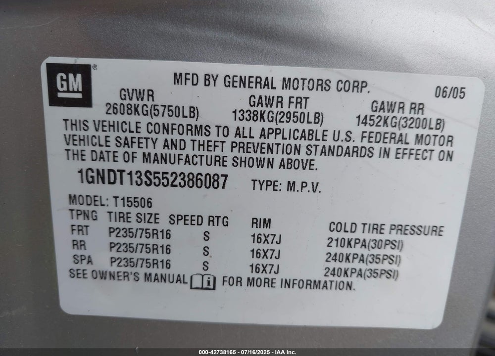 2005 CHEVROLET TRAILBLAZER LS VIN: 1GNDT13S552386087