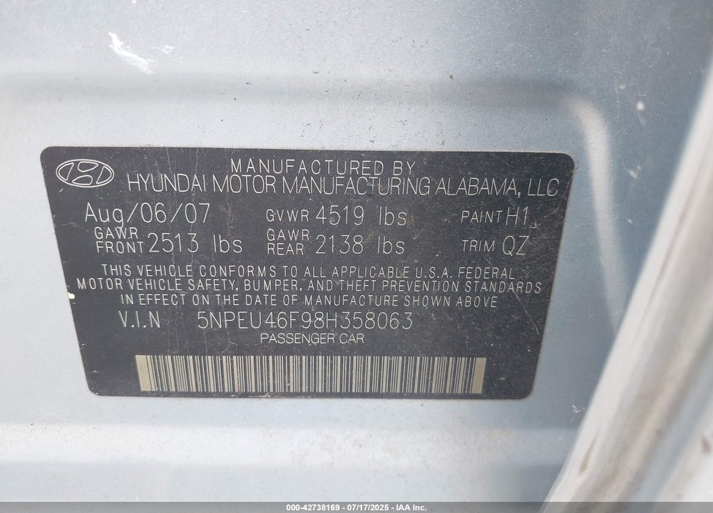 2008 HYUNDAI SONATA VIN: 5NPEU46F98H358063