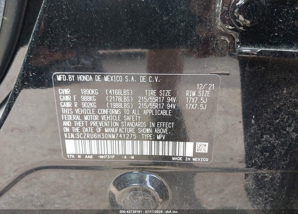 2022 HONDA HR-V VIN: 3CZRU6H30NM741275
