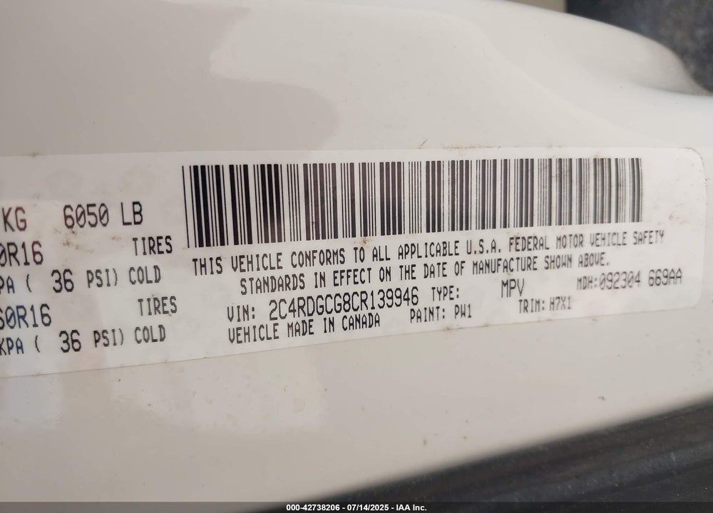 2012 DODGE GRAND CARAVAN VIN: 2C4RDGCG8CR139946