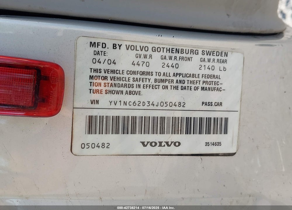 2004 VOLVO C70 HT VIN: YV1NC62D34J050482