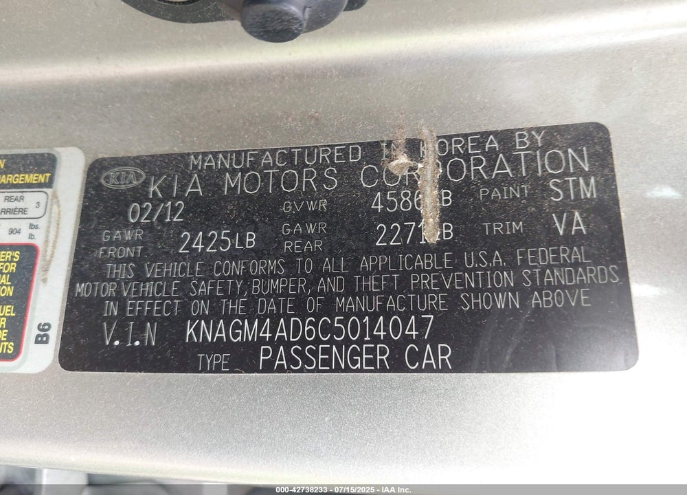 2012 KIA OPTIMA HYBRID VIN: KNAGM4AD6C5014047