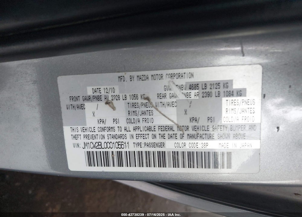 2012 MAZDA 5 VIN: JM1CW2BL0C0105611