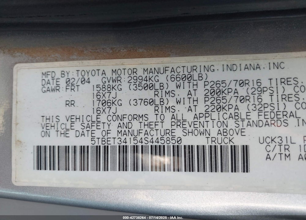 2004 TOYOTA TUNDRA SR5 V8 VIN: 5TBET34154S445850