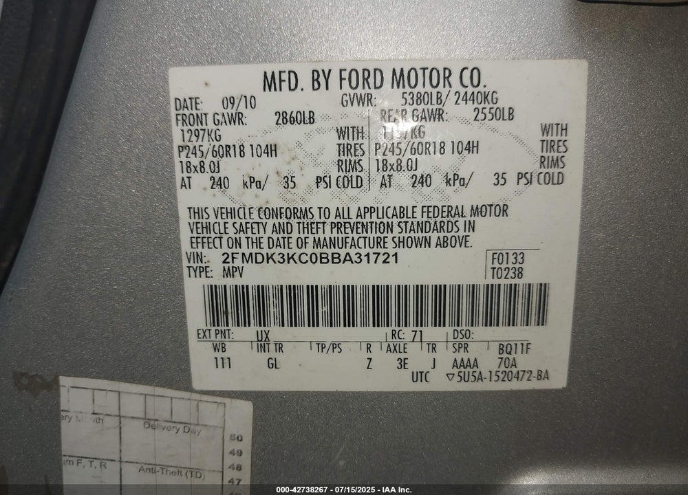 2011 FORD EDGE VIN: 2FMDK3KC0BBA31721
