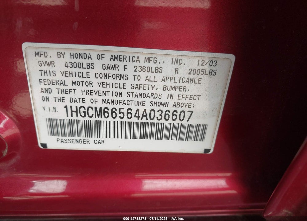 2004 HONDA ACCORD 3.0 EX VIN: 1HGCM66564A036607