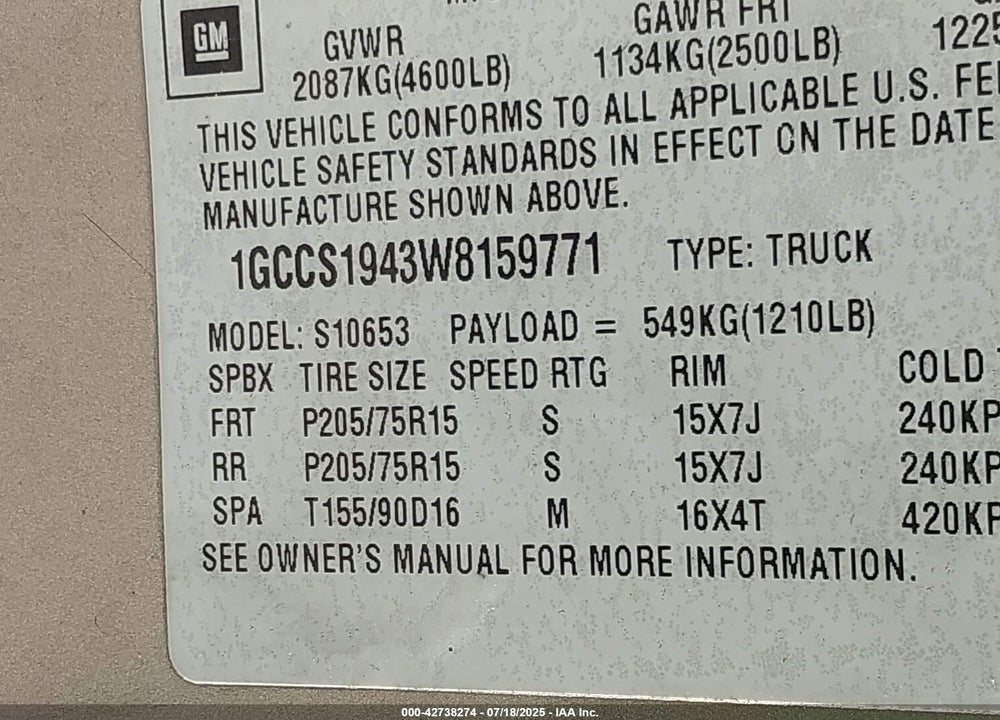 1998 CHEVROLET S-10 LS FLEETSIDE VIN: 1GCCS1943W8159771