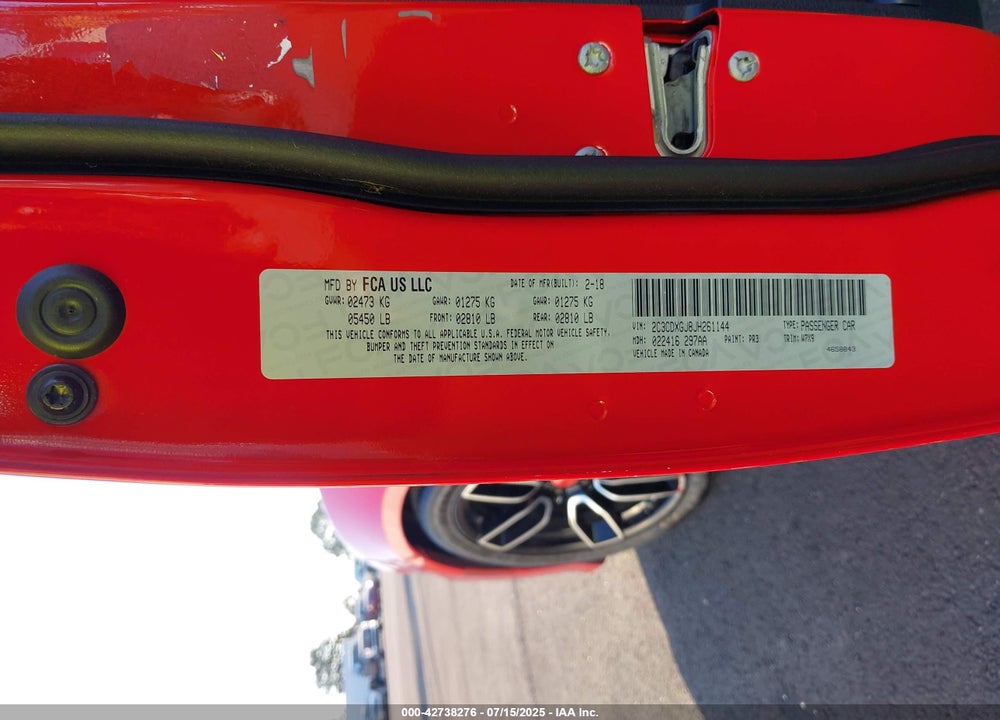 2018 DODGE CHARGER VIN: 2C3CDXGJ8JH261144