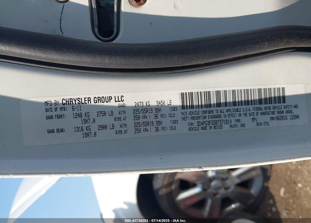 2011 DODGE JOURNEY VIN: 3D4PG3FG5BT571914
