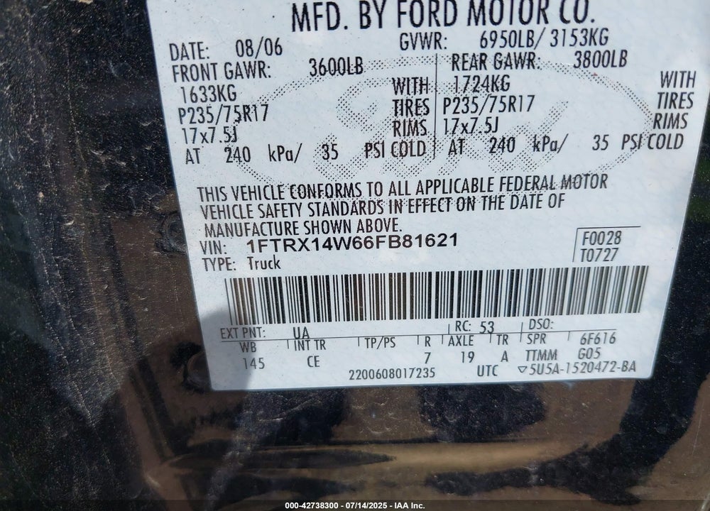 2006 FORD F-150 VIN: 1FTRX14W66FB81621