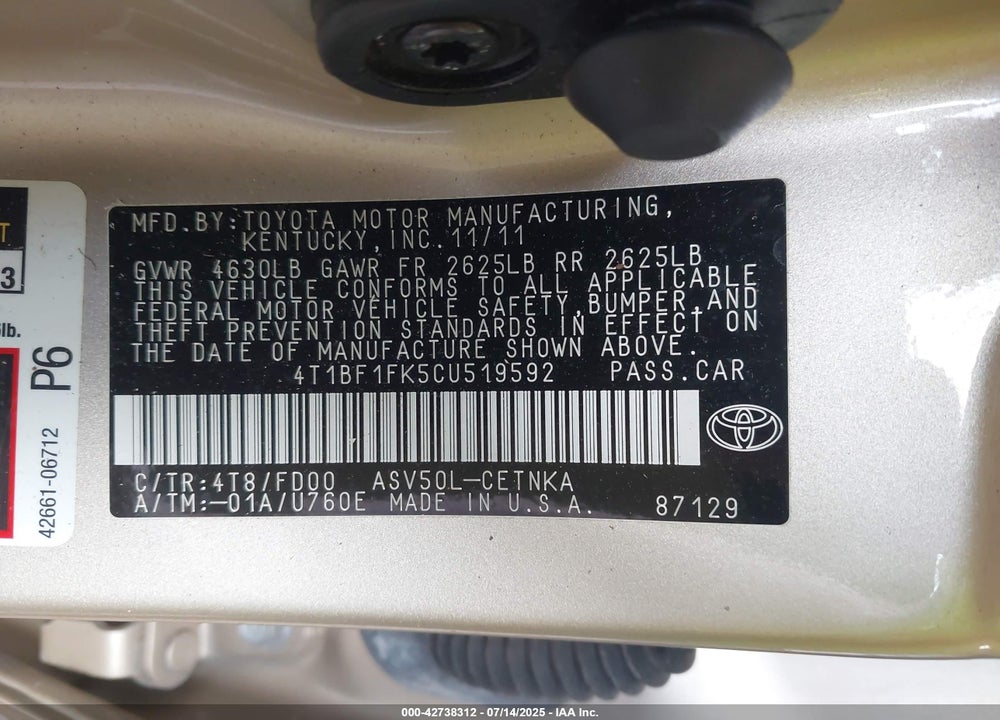 2012 TOYOTA CAMRY LE VIN: 4T1BF1FK5CU519592