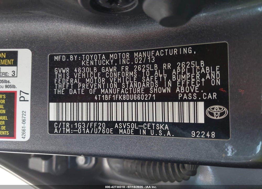 2013 TOYOTA CAMRY VIN: 4T1BF1FK8DU660271