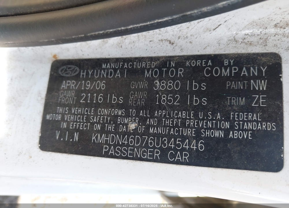 2006 HYUNDAI ELANTRA GLS/LIMITED VIN: KMHDN46D76U345446