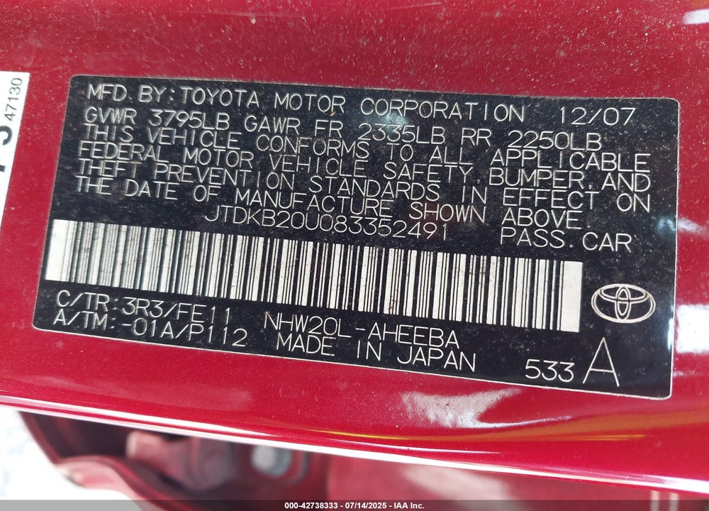 2008 TOYOTA PRIUS VIN: JTDKB20U083352491