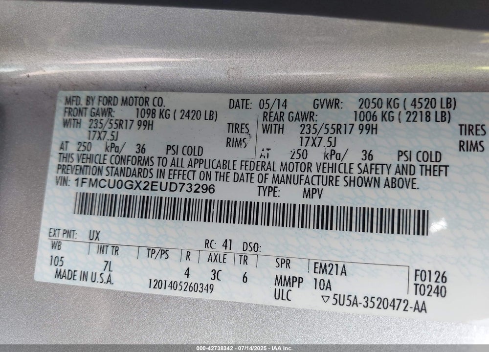 2014 FORD ESCAPE VIN: 1FMCU0GX2EUD73296