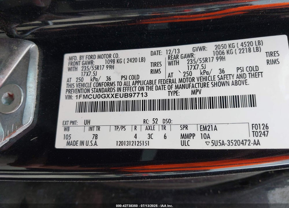 2014 FORD ESCAPE VIN: 1FMCU0GXXEUB97713