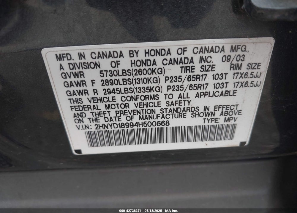 2004 ACURA MDX VIN: 2HNYD18994H500668