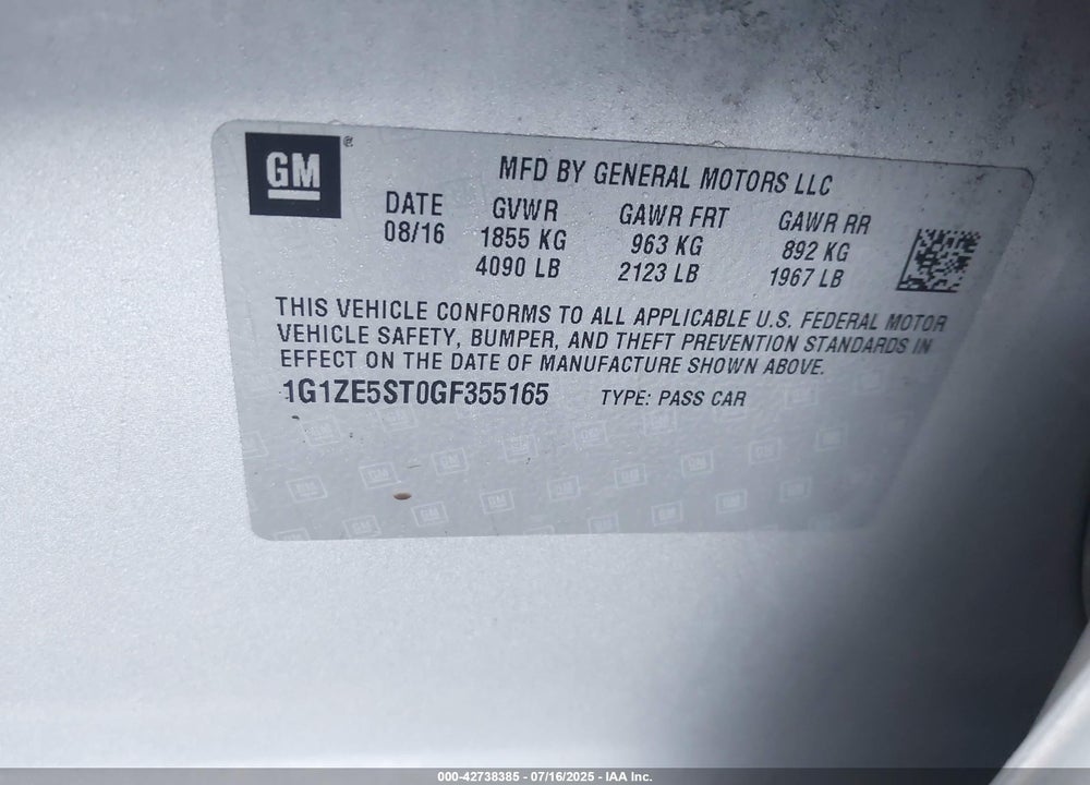 2016 CHEVROLET MALIBU VIN: 1G1ZE5ST0GF355165