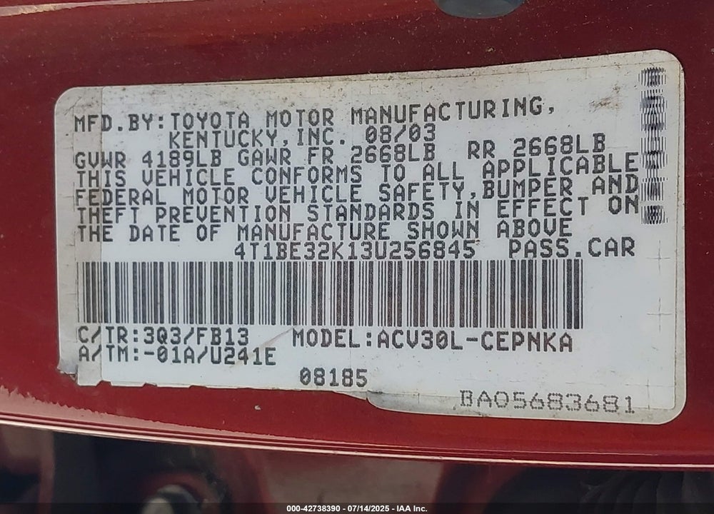 2003 TOYOTA CAMRY LE VIN: 4T1BE32K13U256845