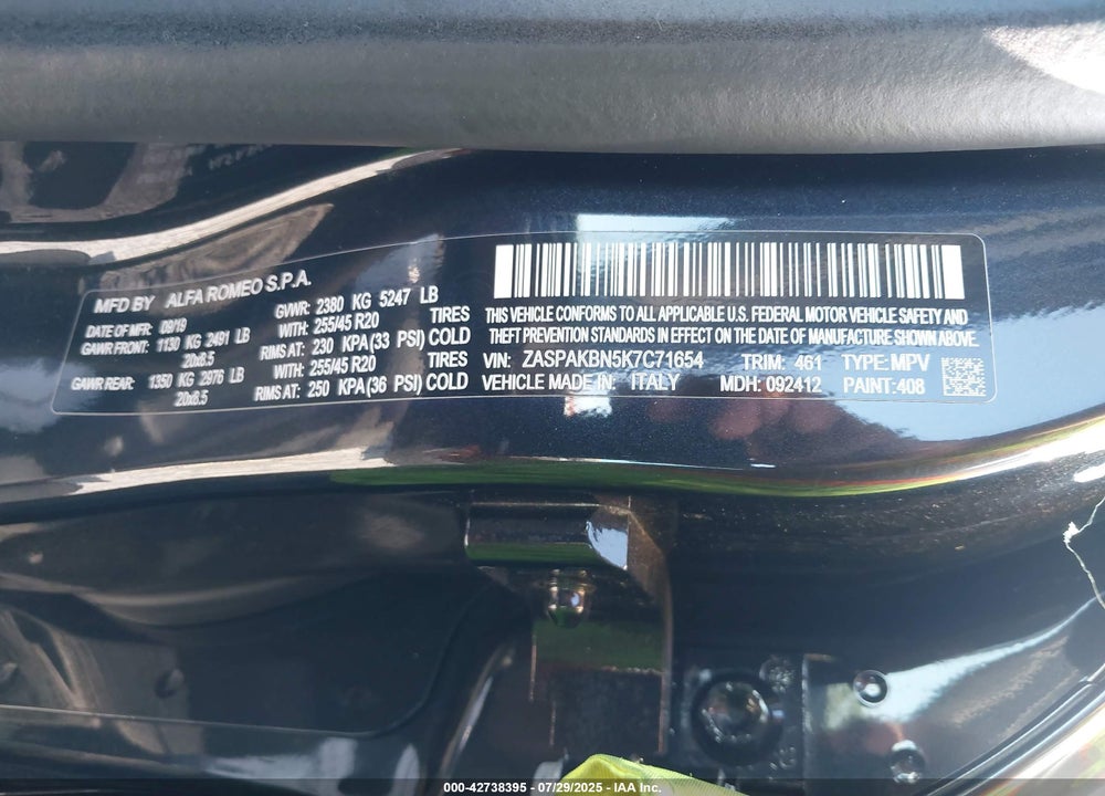 2019 ALFA ROMEO STELVIO VIN: ZASPAKBN5K7C71654
