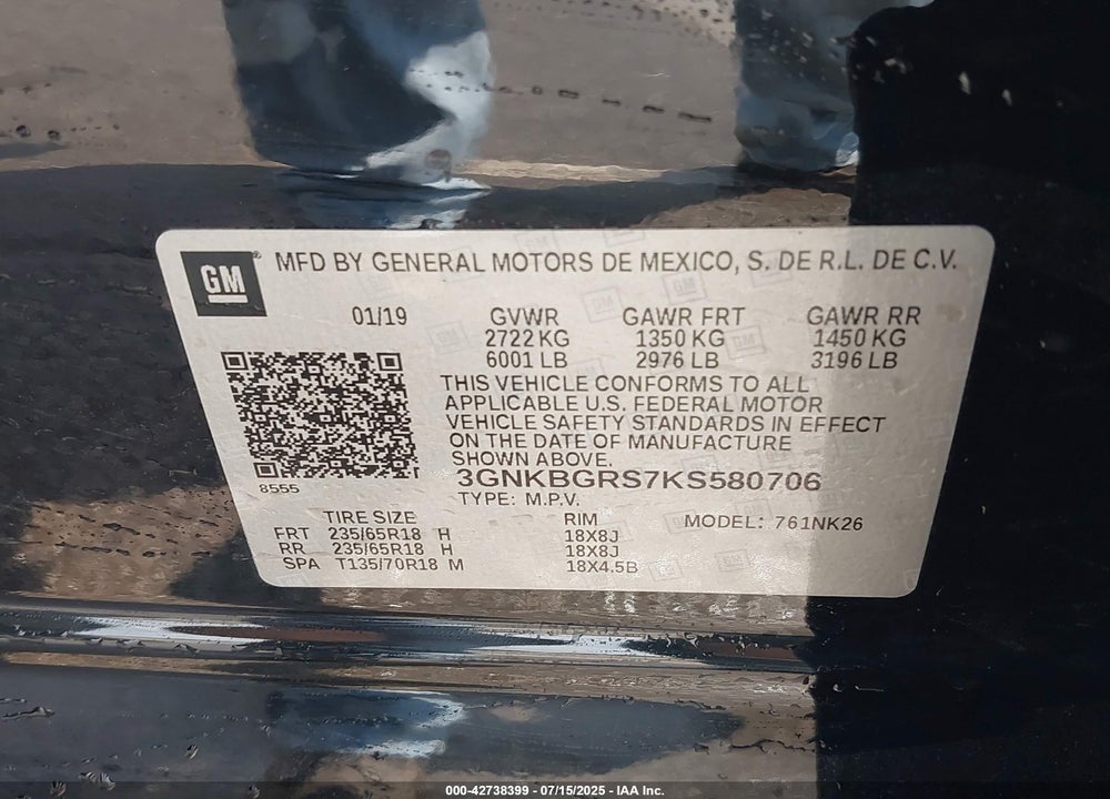 2019 CHEVROLET BLAZER VIN: 3GNKBGRS7KS580706