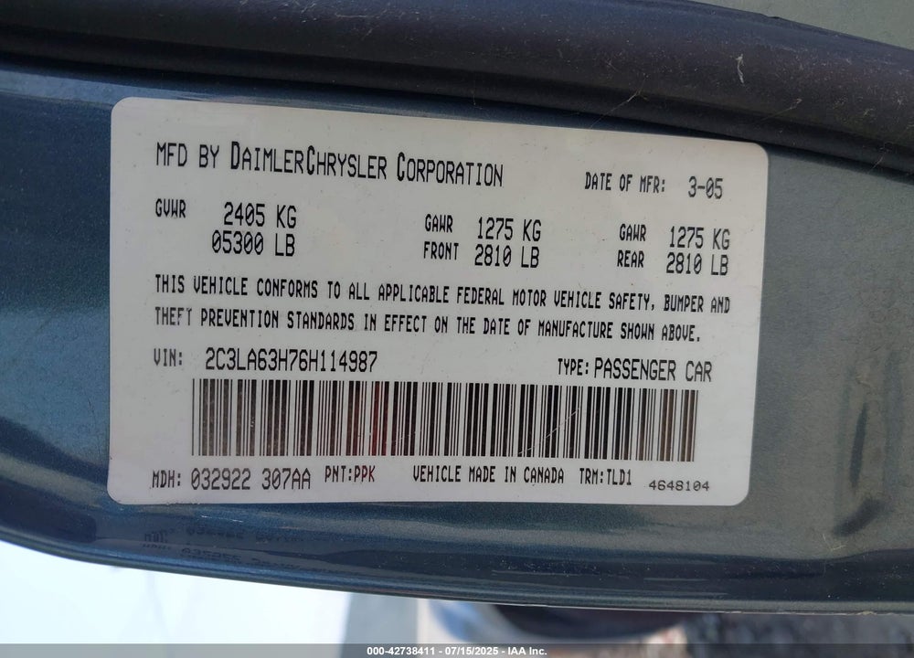 2006 CHRYSLER 300C VIN: 2C3LA63H76H114987