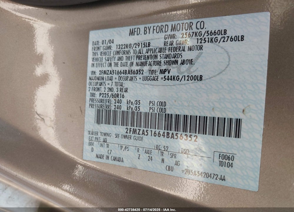 2004 FORD FREESTAR VIN: 2FMZA51664BA56352
