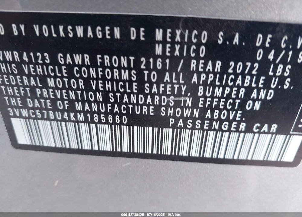 2019 VOLKSWAGEN JETTA VIN: 3VWC57BU4KM185660