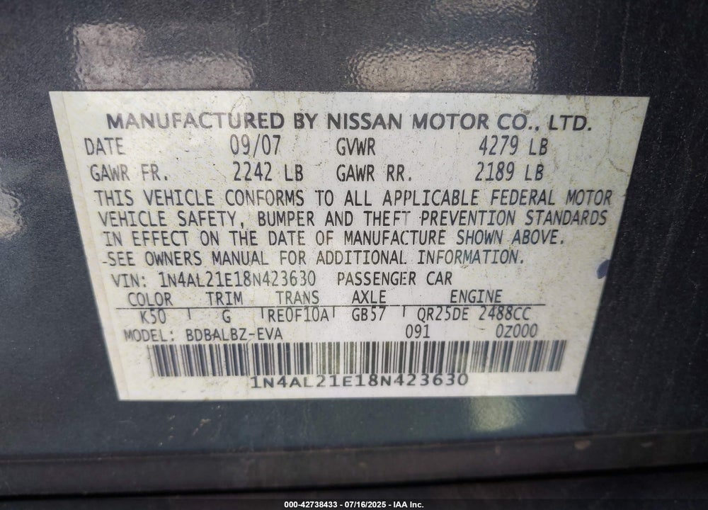 2008 NISSAN ALTIMA VIN: 1N4AL21E18N423630