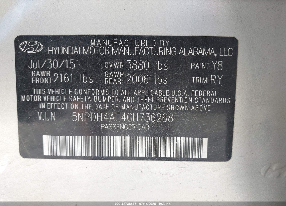 2016 HYUNDAI ELANTRA VIN: 5NPDH4AE4GH736268