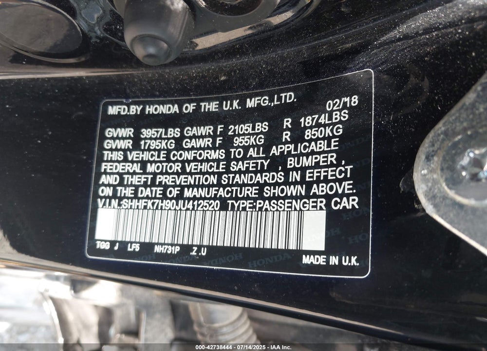 2018 HONDA CIVIC VIN: SHHFK7H90JU412520