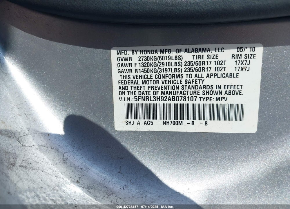 2010 HONDA ODYSSEY VIN: 5FNRL3H92AB078107