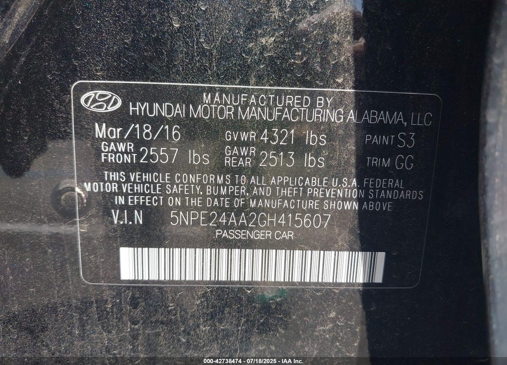 2016 HYUNDAI SONATA VIN: 5NPE24AA2GH415607
