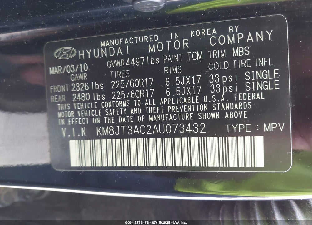 2010 HYUNDAI TUCSON VIN: KM8JT3AC2AU073432