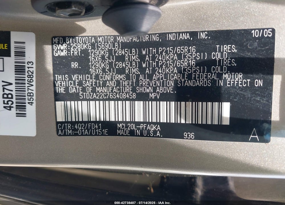 2006 TOYOTA SIENNA XLE VIN: 5TDZA22C76S408458